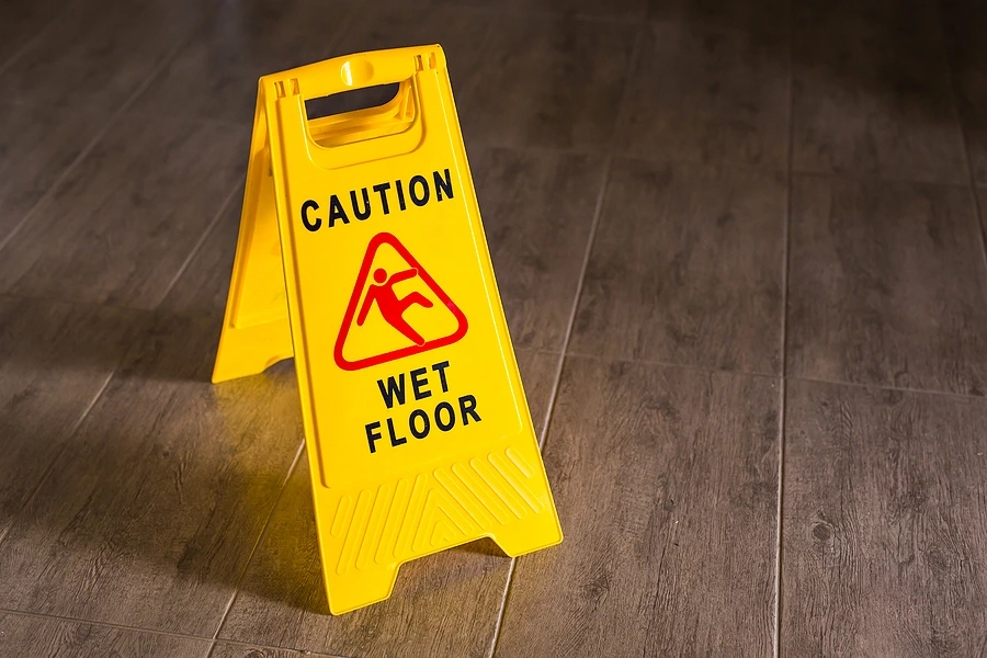 Wet floor sign on wooden floor